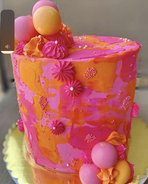 Orange And Pink 30th Birthday, Pink And Orange 18th Birthday, Pink And Orange Cake Aesthetic, Neon Pink Cake Birthday, Pink And Orange Theme Birthday Party Ideas, Preppy Pink And Orange Birthday, Pink Orange Gold Birthday Cake, Pink And Orange Birthday Cake Ideas, Birthday Cake Bright Colors