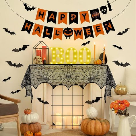 Boo Halloween Sign, Mantel Scarf, Horror Scene, Outdoor Halloween Parties, Halloween Fireplace, Halloween Themes Decorations, Happy Halloween Banner, Boo Sign, Bat Wall