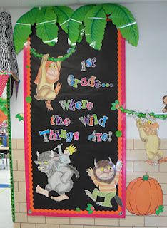 First Grade Fever!: This is Where the Wild Things Are! Reading/Writing Lesson Plan and Activity to compliment the story Reading Month, Cute Door Ideas, Jungle Classroom Door, Welcome To First Grade, Monster Classroom, Wild Theme, Silly Monsters, Halloween Centers, Storybook Theme