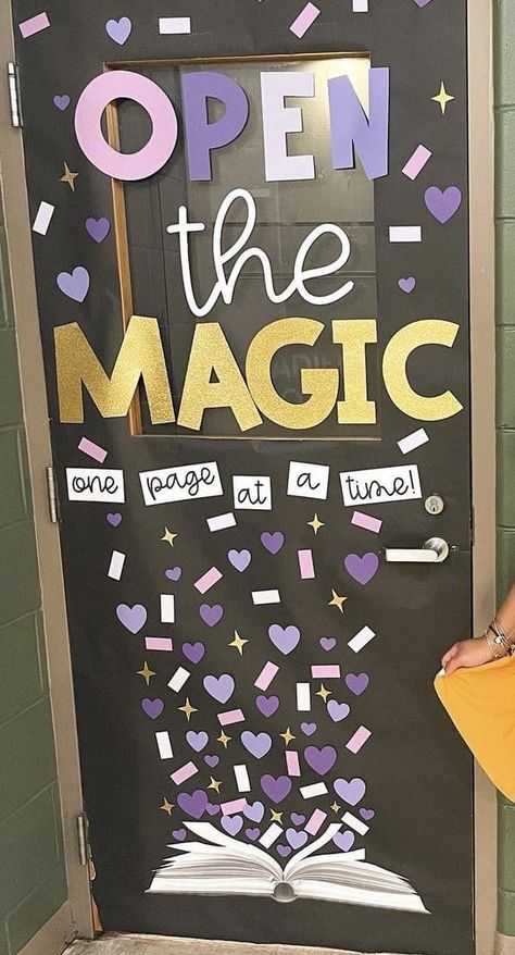 Reading Is Magic Door Display, Books Door Decorations, Space Themed Reading Bulletin Boards, Interactive Reading Bulletin Boards Elementary, Magic Themed Classroom Door, Reading Class Bulletin Boards, Book Club Bulletin Board, School Door Decorations Book Theme, Reading Classroom Door Decorations