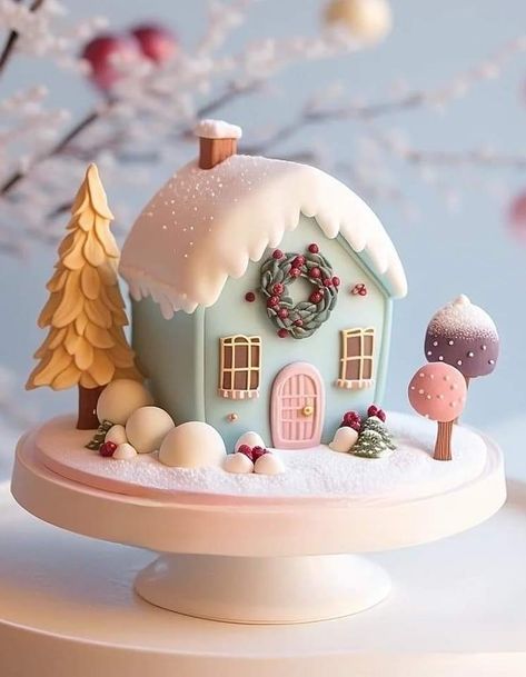 Fondant Christmas Cake, Easy Christmas Cake Recipe, Mini Christmas Cakes, Air Magic, Christmas Themed Cake, Christmas Cake Designs, House Cake, Christmas Cake Decorations, Xmas Cake