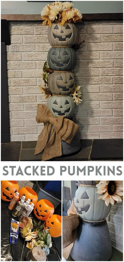 Stacked Chalky Pumpkin Decor- how to make pumpkin buckets look like pottery barn dupe. DIY halloween fall decor for outdoor porch. Plastic pumpkin bucket stacked decoration. Pumpkin Bucket Decor, Stacked Pumpkin Decor, Pumpkin Bucket Crafts, Plastic Pumpkins Crafts, Pumpkin Decorating Diy, Bucket Ideas, Fall Decor Diy Crafts, Pumpkin Bucket, Porch Pumpkins