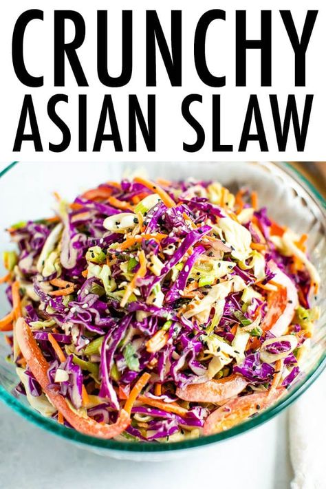 This quick and easy Asian slaw is loaded with crunchy vegetables and tossed in a flavorful Asian dressing. Perfect as a topping for tacos or as a side! #asianslaw #healthycoleslaw #eatingbirdfood Vegtable Salad, Crunchy Asian Slaw, Asian Slaw Recipe, Healthy Coleslaw, Asian Dressing, Asian Slaw, Asian Vegetables, Vegetarian Cabbage, Easy Asian