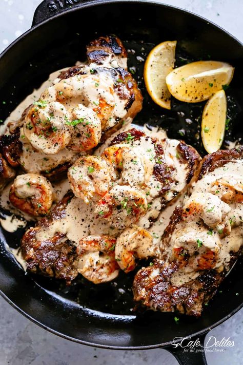 Creamy Garlic Shrimp Recipe, Steak Ideas, Creamy Garlic Shrimp, Gourmet Steak, Recipes Steak, Steak And Shrimp, Bbq Essentials, Grilled Steak Recipes, Surf And Turf