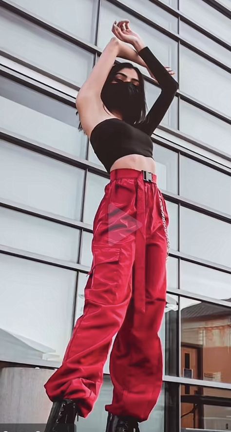 Red Tomboy Outfits, Red Techwear Outfit, Red Techwear, Trendy Baggy Red Cargo Pants, Edgy Red Pants For Streetwear, Red Cargo Pants For Streetwear, Fire Red Outfit, Red Punk Style Pants For Streetwear, Red Cargo Pants Outfit