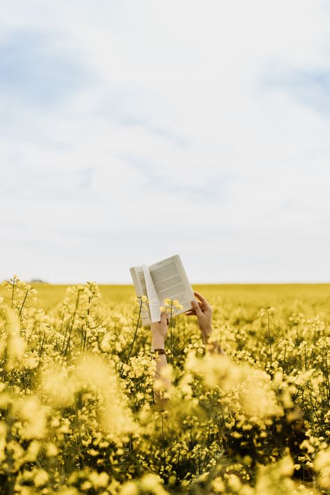 Outdoor Reading Photoshoot, Creative Field Photoshoot, Reading Outdoors Aesthetic, Book Aesthetic Landscape, Girl In Field Aesthetic, Spring Book Aesthetic, Canola Field Photoshoot, Woman In Field Of Flowers, Book Summer Aesthetic