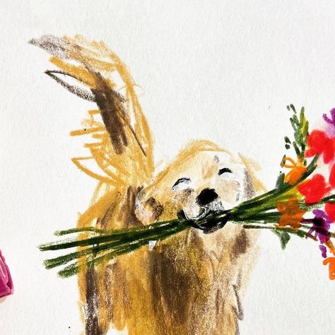 Jenny Bloomfield on Instagram: "Day 3419: dogs and flowers in my sketchbook #drawingaday #drawingadaychallenge #illustration #dailysketch #dogsofinstagram #dogsandflowers #sketchbook #drawingdogs #goldenretriever #dachshund #labradoodle" Drawings Of Random Things, Dog Flower Drawing, Black Labradoodle Painting, Art To Give As A Gift, Dogs Laying Down, Cool Dog Illustration, Cute Dog Painting, Dog And Owner Drawing, Wild Dog Drawing