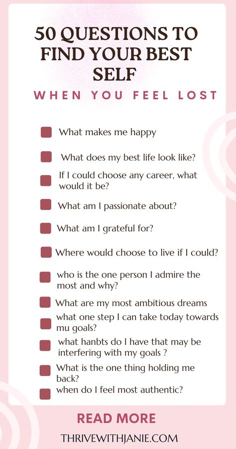 https://thrivewithjanie.com/the-best-questions-to-ask-yourself-when-you-feel-stuck-and-lost-in-life/ 50 Questions To Ask, Height Exercise, How To Find Happiness, Increase Height Exercise, Self Esteem Activities, Deep Questions To Ask, 50 Questions, Stuck In Life, Find Purpose