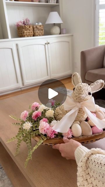 Deborah Trette on Instagram: "#ad DIY easter centerpiece!  a colorful decor piece for your home this spring. I grabbed all of my materials from @michaelsstores for this project! You’ll need a basket, filler, faux stems, a bunny and some wooden + colorful eggs for accent. Looks beautiful on a coffee table, entryway or even on a tablescape🐰  #Michaels #michaelsstores #makeitwithmichaels #diy #easterdiy #easterdecor #easter #eastercenterpiece #springdecor #springtime #homedecor #diydecor" Easter Coffee Table Decor, Simple Easter Decor, Easter Centerpieces Diy, Faux Stems, Table Entryway, Colorful Eggs, Easter Centerpiece, Easter Centerpieces, Craft Lovers