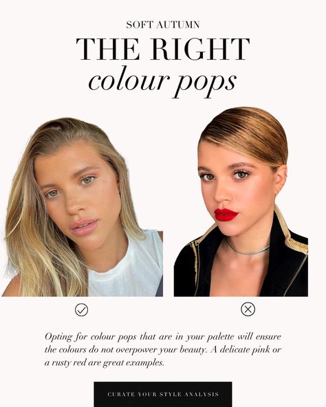 The Soft Autumn makeup guide with the beautiful Sofia Richie as an example 🤍 . #coloranalysis #colouranalysis #softautumn #autumnpalette #sofiarichie #sofiarichiestyle Season Analysis, Soft Autumn Makeup, Soft Autumn Palette, Colour Season, Soft Autumn Color Palette, White Skin Tone, Autumn Makeup, Autumn Palette, Colour Analysis