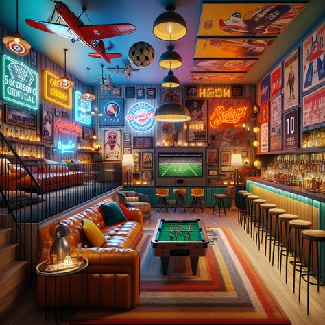 Step into a lively man cave with neon-lit ambiance, home theater, craft beer bar, and gaming corner. Sports memorabilia and vintage rock posters fill the walls, while plush rugs and model airplanes add unique charm. #ManCave #HomeBar #HomeTheater #GameRoom #VintageDecor #SportsMemorabilia Mancave Sports Theme, Sports Bar Branding, Vintage Rock Posters, Garage Bars, Garage Man Cave Ideas, Garage Bar Ideas, Sports Bar Decor, Lofted Cabin, Gaming Corner