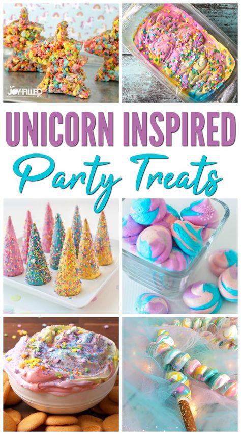 Here's a list of yummy unicorn inspired treats to add to any candy buffet, unicorn party, or just to brighten an ordinary day. #unicorns #unicorntreats #unicornparty 4 Year Birthday Party Food, Unicorn Party Treats, Unicorn Snacks For Party, Unicorn Party Food, Unicorn Treats, Unicorn Desserts, Unicorn Birthday Party Decorations, Family Resources, Rainbow Unicorn Party