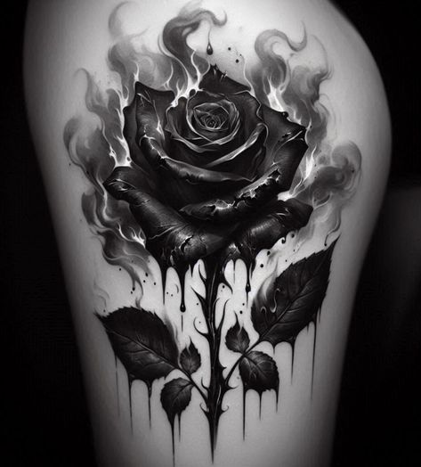 Tattoos That Go With Roses, Rose Burning Tattoo, Smokey Tattoo Sleeve, Melting Rose Tattoo, Withering Rose Tattoo, Black Rose On Fire Tattoo, Edgy Rose Tattoo, Dark Rose Tattoo Cover Up, Black Flower Tattoo Cover Up