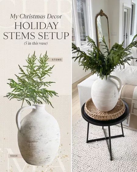 HOLIDAY \ winter stems for a festive Christmas touch in the living room! Easy holiday farmhouse decor with a simple vase and winter greens. | SBK Living Holiday Stem, Simple Vase, Winter Greens, Christmas Stem, Norfolk Pine, White Concrete, Simple Holidays, Christmas 2023, Holiday Christmas