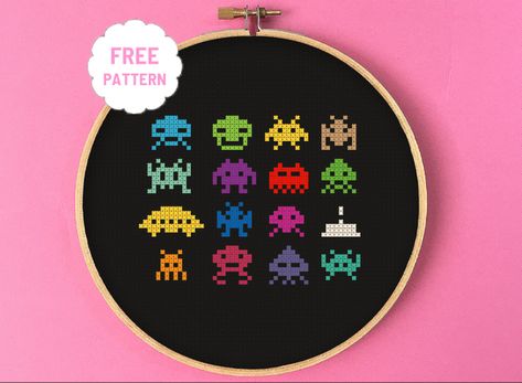 Free Pattern - Invaders for real gamers ^^ | White Raven Cross Stitch Club on Patreon Gamer Cross Stitch, Raven Cross Stitch, Geeky Cross Stitch, Geek Cross Stitch, White Raven, Cross Stitch Love, Space Invaders, Cross Stitch Patterns Free, Free Cross Stitch