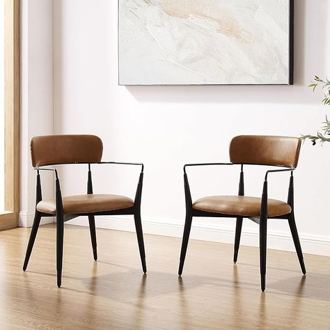 Amazon.com - Art Leon Dining Chairs Set of 4, Faux Leather Upholstered Dining Room Chairs, Mid Century Modern Accent Chair with Wood Legs, Armchairs with Open Backrest for Kitchen Living Room Bedrom, Brown - Chairs Faux Leather Accent Chair, Mid Century Modern Accent Chairs, Mid Century Modern Dining Room, Dining Room Chairs Upholstered, Elegant Chair, Leather Accent Chair, Dining Room Chairs Modern, Mid Century Modern Dining, Accent Arm Chairs