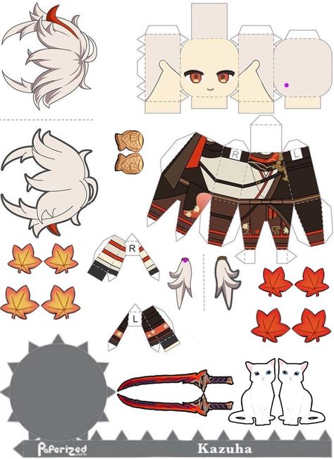 Papercraft Templates Printables, Paperized Crafts, Kazuha Genshin, Kaedehara Kazuha, Anime Paper, Paper Dolls Diy, Paper Toys Template, Paper Puppets, Paper Doll Template