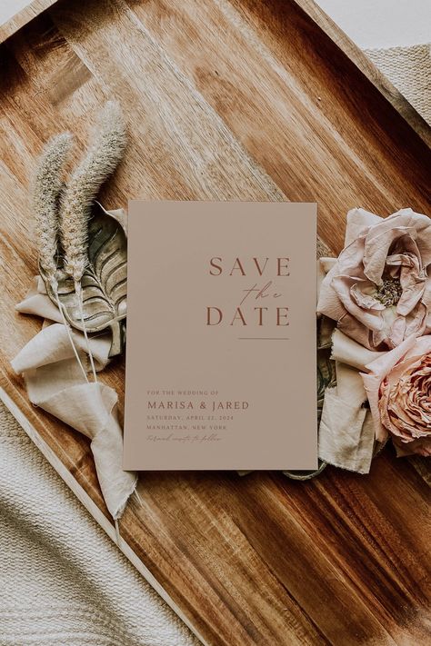 "Are you looking for a modern wedding save the date to announce your big day? Look no further than our beautiful boho-inspired save the date card -designed with a dusty pink-sandstone coloured background and terracotta coloured text. Perfect for the DIY bride as it can be customized to suit your unique style. Our templates allow you to easily change the text and colours to suit your preferences and add those special touches to your wedding stationery.  Save time and money without compromising on quality or style by bundling your stationery. ♥ PLEASE NOTE - this is a digital download / template. No physical product will be shipped. Once you have placed your order you will receive a link to edit your template online using the free software Canva. No waiting for designers - get access immedia Boho Wedding Save The Date, Save The Date Ideas Boho, Save The Date Ideas For Weddings, Boho Save The Dates, Diy Save The Date Ideas, Neutral Save The Dates, Simple Boho Save The Dates, Boho Chic Save The Date, Save The Date Dusty Rose