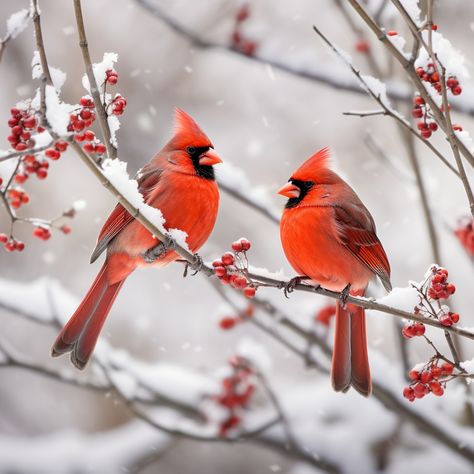 Winter Cardinals On A Berry Branch Free Stock Photo - Public Domain Pictures Winter Cardinal Photography, Cardinal Winter Scene, Photos Of Cardinal Birds, Photos Of Cardinals, Pictures Of Cardinals, Winter Scenes Photography, Cardinal Photography, Cardinals In Winter, Cardinal Photo