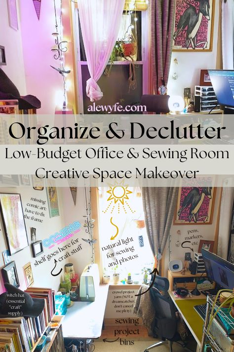 Our office was a disaster... now I love it! Come along while we reorganize our home office and craft room into a much more efficient and visually pleasing space. We've got ideas that will help you look at your own space in a new light, and work some organizational magic of your own. I’ve got tips and recommendations for how to clean, #declutter and improve your rooms too, plus some inexpensive products that helped organize my space! Dark Academia Sewing Room, Moody Craft Room, Art Work Space, Home Office And Craft Room, Office And Craft Room, Clutter Core, Enchanted Room, Craft Office, Basement Workshop