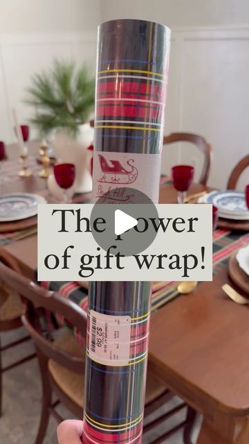 Courtney Stabler on Instagram: "Would you have guessed that this was gift wrap?! Who knew what an impact you could make with one little roll of wrapping paper?! I joined forces with the incredibly talented Alli from @stone.home.decor, to show you how you can take a simple roll of gift wrap and make an elegant holiday table! No need for fancy table cloths, or worrying about Cousin Tommy ruining your heirloom tablecloth, because he spilt cranberry sauce on it! Just grab your favorite roll wrapping paper and roll it out across that table! You will wow your guests, and save yourself time and money!" How To Wrap A Plate As A Gift, Wrapping Paper Table Runner Christmas, Butcher Paper Tablecloth Christmas, Presents Table Runner, Wrapping Cylinder Presents, Wrapping Paper Table Runner, Stone Home Decor, Diy Wrapping Paper, Paper Table Runner