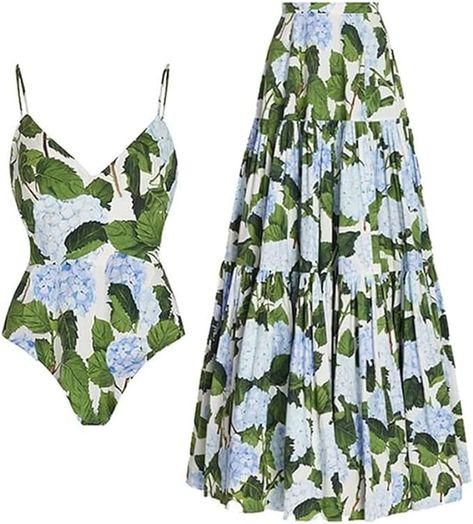 IDOPIP Women's One Piece Swimsuit with Cover up Beach Skirt Floral Printed Swimsuit Bathing Suit Ruffle V-Neck Monokini Swimwear Sarong Coverups Two Piece Bikini Set Beachwear Green Leaves 2PCS S at Amazon Women’s Clothing store Swimwear Sarong, Two Piece Bathing Suits, Swimsuit With Cover Up, Coverup Beach, Summer Beach Outfit, Monokini Swimsuits, Beach Skirt, Skirt Floral, Step Mother