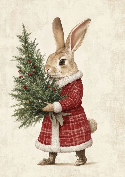 Christmas rabbit vintage animal tree. | free image by rawpixel.com / Ning Vintage Rabbit Painting, Rabbit Rabbit First Of The Month, Christmas Rabbit Illustration, Christmas Vintage Illustration, Rabbits Pictures, Christmas Illustration Vintage, Vintage Christmas Illustration, Vintage Christmas Background, Peter Rabbit Christmas