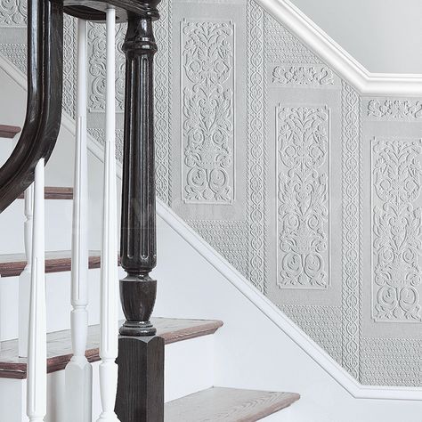 Four Steps to Easy Dado Panel Application  - https://www.gowallpaper.co.uk/news-and-advice/four-steps-easy-dado-panel-application/ Wallpaper Staircase, Wallpaper Baroque, Anaglypta Wallpaper, Wallpaper Hallway, Wallpaper Stairs, Contemporary Wallpaper Designs, Victorian Hallway, Panel Wallpaper, Hallway Wallpaper