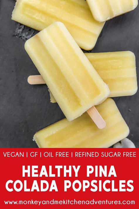 Pina Colada Popsicles, Coconut Flakes Recipe, Vegan Pina Colada, Healthy Pina Colada, Yogurt Popsicle Recipes, Freezer Treats, Clean Eating Dessert, Ninja Creami Ice Cream Recipes, Monkey And Me