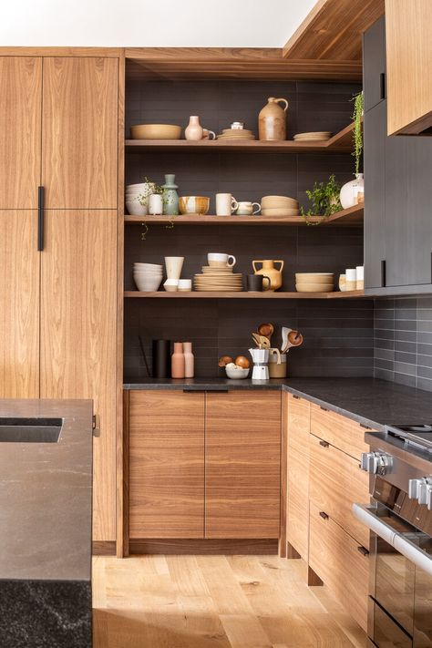 Kitchen Wooden Cabinets Modern, Mid Century Modern Kitchen Wood Cabinets, L Shaped Kitchen No Upper Cabinets, Backsplash With Walnut Cabinets, Midcentury Lakehouse, Modern Wood Cabinets Kitchen, Kitchen Cabinets Mid Century Modern, Midcentury Kitchen Ideas, Wood Kitchen Cabinets Modern