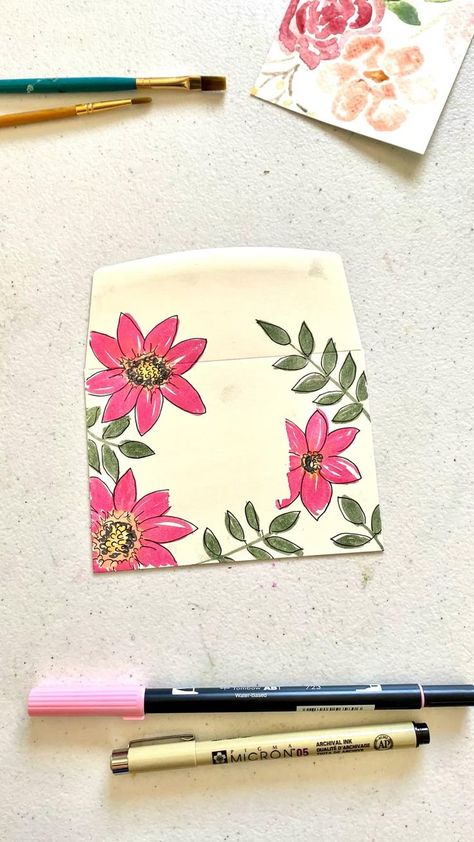 Drawing Flowers, Mail Art, Envelope Art in 2022 | Envelope art, Hand painting art, Flower drawing Envelope Art Drawing, Envelope Art Ideas, Paper Crafts Diy Origami, Mail Inspiration, Snail Mail Inspiration, Drawing Instructions, Acrylic Painting Inspiration, Decorated Envelopes, Christmas Envelopes