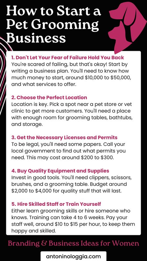 How to Start a Pet Grooming Business Starting A Dog Grooming Business, Dog Grooming Business Plan, Mobile Pet Grooming Ideas, Small Dog Business Ideas, Dog Grooming And Boarding Ideas, Pet Grooming Salon Ideas Design, Salon Color Schemes, Dog Daycare Design, Dog Boarding Ideas