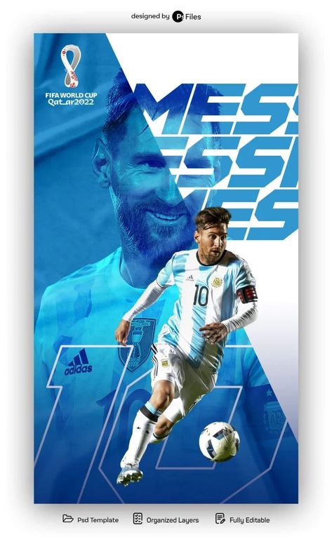 World Cup Argentina Lionel Messi Social Media Poster Design PSD Free Messi Poster Graphic Design, Soccer Social Media Design, Psd Free Photoshop Templates, World Cup Poster Design, Sport Social Media Design, Sports Social Media Design, Messi Design, Football Poster Design, Poster Bola