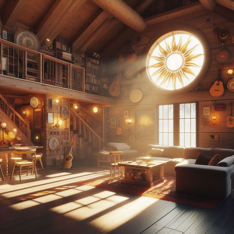 Apollo Cabin Interior, Pjo Visuals, Pjo Headcannons, Apollo Cabin, Camp Half Blood Cabins, Percy Jackson Cabins, Cabin 7, Cabin Interior Design, Camp Jupiter