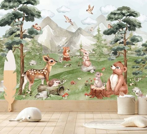 Nursery Forest, Cute Forest Animals, Wall Wallpapers, Kindergarten Wallpaper, Watercolor Woodland, Woodland Wallpaper, Wallpaper Nursery, Cute Forest, Woodland Nursery Theme