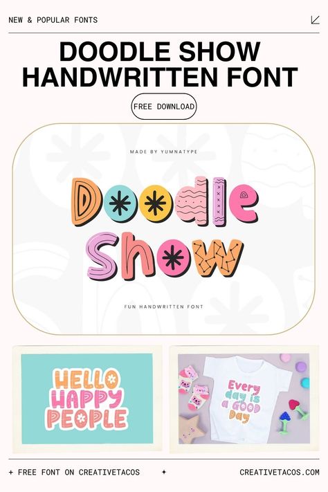 Doodle Show Handwritten Font is a playful handwritten font that adds a sense of whimsy and joy to your text with its fun style and whimsical doodle elements. Along with hearts and stars, arrows and swirls, these eye-catching details enhance the overall aesthetic of the font.

 #Handwritten #Typography #Design Handwritten Typography Design, Artsy Fonts, Doodle Elements, Art Deco Fonts, Free Handwritten Fonts, Trending Fonts, Handwritten Typography, Signatures Handwriting, Deco Font