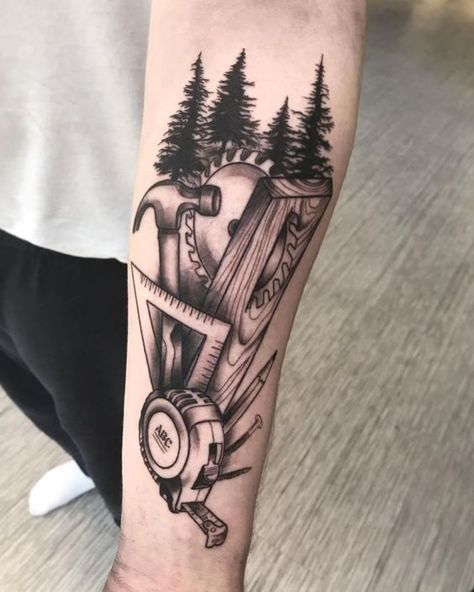 30 Pretty Carpenter Tattoos You Will Love#tattoo #tattooequipment #tattoomachine Woodworking Tattoo Ideas, Hammer Tattoo, Collage Tattoo, Tattoos For Dad Memorial, Tattoo Ideas Males, Tool Tattoo, Mechanic Tattoo, Cool Tattoo Drawings