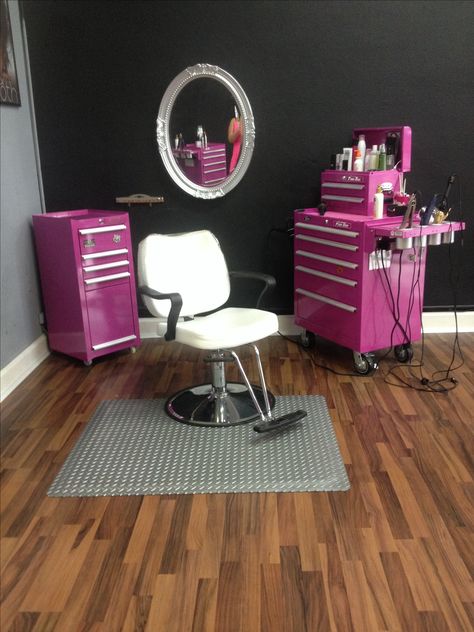 Kadillac Barbies Salon and Spa, The Original Pink Box, Pink Tool Box, Route 66 Salon Gothic Hair Salon, Salon Goals, Pink Tool Box, Small Salon, Hair Stations, Home Hair Salons, Home Beauty Salon, Pink Tools, Hair Salon Design