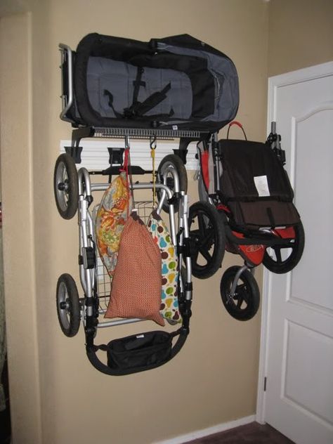 Wall Hanging Strollers - Authors Denise & Alan Fields / Windsor Peak Press Book Forums Bob Stroller Storage Garage, Pram Storage Ideas, Stroller Organization, Pram Storage, Small Space Boho, Bob Stroller, Stroller Storage, Garage Organisation, Garage Tool Organization