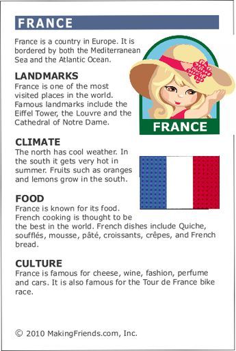 MakingFriends Facts about France Printable Thinking Day fact card for our passports. Perfect if you chose France for your Girl Scout Thinking Day or International Night celebration. France For Kids, Facts About France, Around The World Theme, About France, Country Studies, Homeschool Geography, Country Facts, World Thinking Day, Girl Scout Ideas