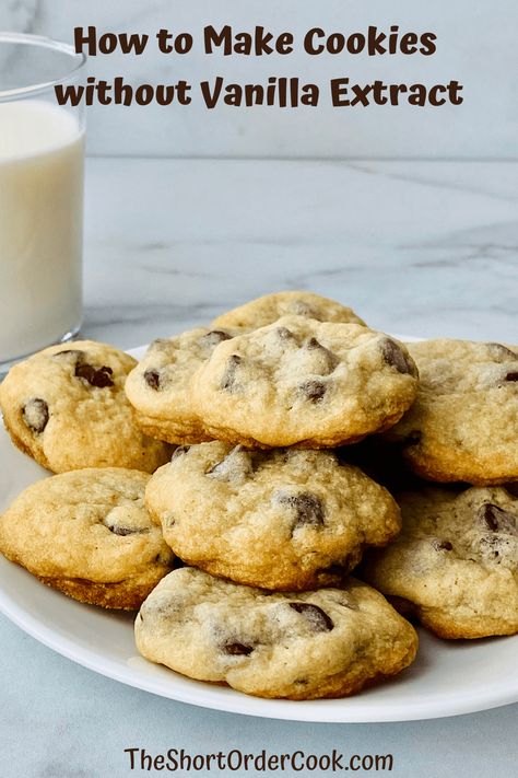 Plate of cookies piled high. Chocolate Chip Cookies Without Vanilla Extract, Baking Recipes Without Vanilla Extract, Desserts Without Vanilla Extract, Chocolate Chip Cookies No Vanilla Extract, No Vanilla Extract Cookies, Cookies No Vanilla Extract, Chocolate Chip Cookies No Vanilla, Dessert Recipes Without Vanilla Extract, Cookie Recipe Without Vanilla Extract