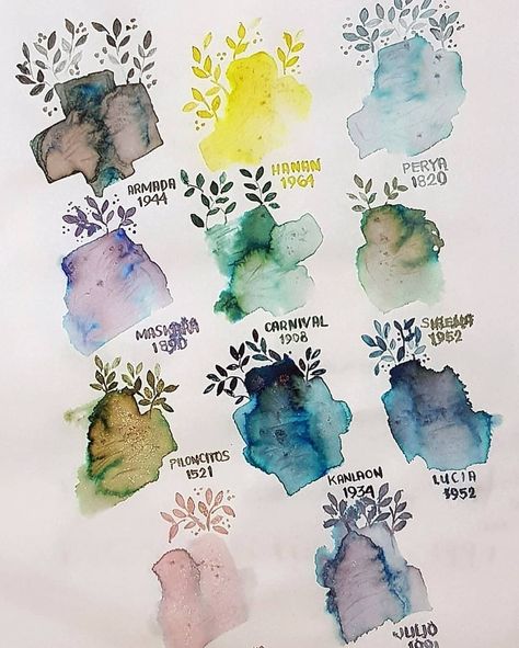 Ink Swatch Ideas, Fountain Pen Ink Swatches, Watercolor Swatches, Ink Swatches, Sketchbook Assignments, Pen Stationary, Fountain Pens Calligraphy, Dog Pens, Eye Photo