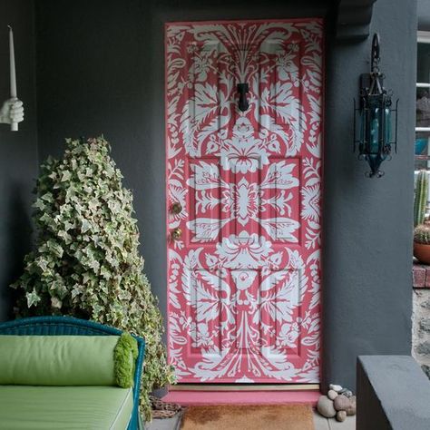 Image: Allison Cosmos Stenciled Doors, Pintu Interior, Front Door Inspiration, Pink Front Door, Entry Design, Pink Damask, Door Inspiration, Pink Door, Cool Doors