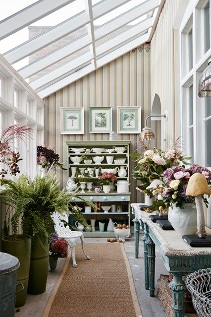 Conservatory at a grand Victorian Country House in Shropshire - on HOUSE by House & Garden. The decor of this house enhances original features combining them with a mid-century twist. Small Conservatory Interiors, Small Conservatory, Victorian Country House, Conservatory Interior, Conservatory Design, Dome Greenhouse, West Facing Garden, Mid Century Aesthetic, Striped Wallpaper