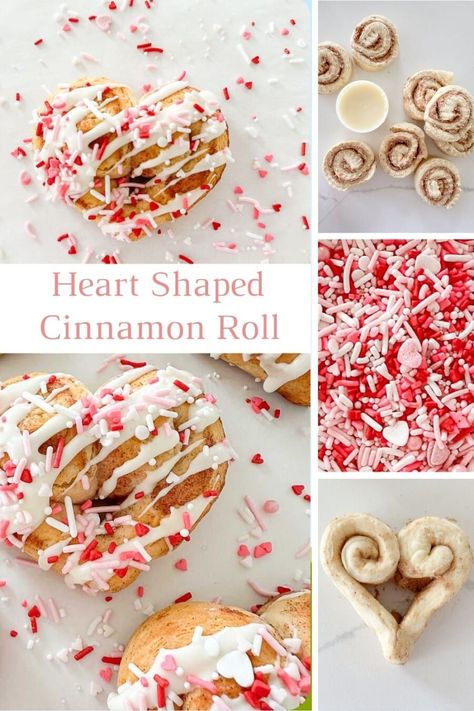 Easy to make Heart Shaped Cinnamon Open a can, shape them into hearts, bake, add icing and sprinkles and eat! YUM! So easy. Bake up a little love! Cinnamon Roll Hearts Valentines Day, Cinnamon Rolls Bake, Shaped Cinnamon Rolls, Heart Shaped Cinnamon Rolls, Stone Gable, Allergy Recipes, Valentines Snacks, Kids Market, Heart Sprinkles