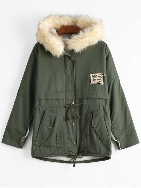 Patchwork Faux Fur Trim Hooded Shearling Coat - ARMY GREEN ONE SIZE Jacket Store, Hooded Denim Jacket, Long Parka, Hooded Parka, Shearling Coat, Parka Coat, Cool Jackets, Winter Jackets Women, Plaid Jacket