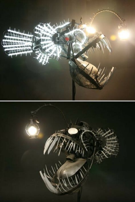 Steampunk Angler Fish, Welding Aesthetic, Deep Sea Angler Fish, Fish Deep Sea, Desk Lamp Diy, Light Fish, Steampunk Animals, Fish Lamp, Lantern Craft