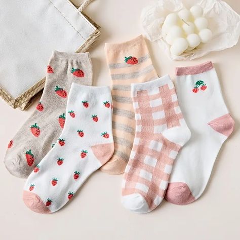 5 Pairs Strawberry Print Socks Comfy Cute Mid Tube Socks Womens Stockings Hosiery | Quick & Secure Online Checkout | Temu Sports Socks Women, Satin Noir, Ankle Socks Women, Stretch Cotton Fabric, Cute Strawberry, Strawberry Print, Women's Socks, Sports Socks, Girls Socks