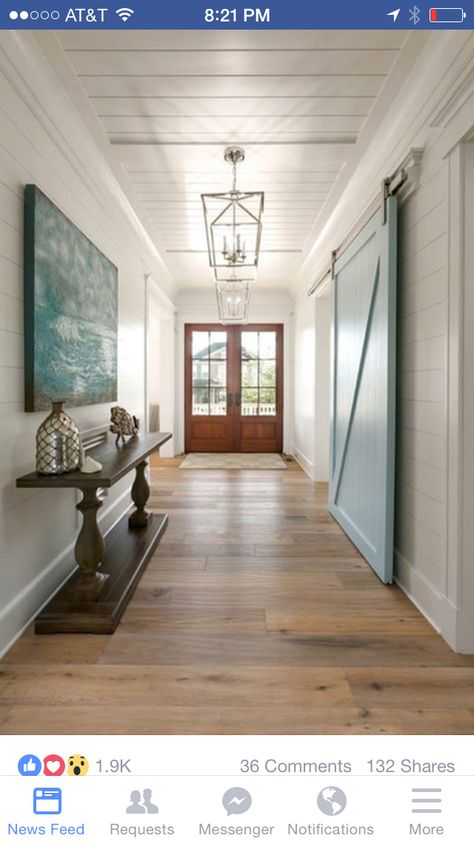 Painting Shiplap, Shiplap Ceiling, Engineered Oak Flooring, Daniel Island, Best White Paint, Farmhouse Entryway, Brass Ceiling Light, White Paint Colors, Beach House Interior