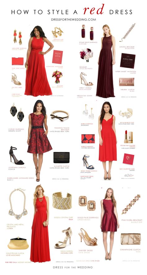 Accessories and styling ideas for a red dress or red outfit. Tips for How to Accessorize red dresses for special occasions.  #reddress #fashionideas #outfitideas #weddingideas  #redoutfits Outfit Vestido Rojo, Simple Red Dress, Red Dress Accessories, Neon Prom Dresses, Sparkly Prom Dress, Below The Knee Dresses, Strapless Prom Dress, 파티 드레스, Wear To Work Dress